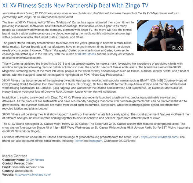 XII XV Fitness/ Brand New Partnership with Zingo TV / XII XV expands to International and Boarder audience